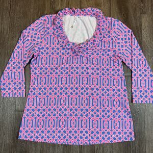 Lulu-B Colorful Comfy Clothing Top Ruffle Neck Geometric 3/4 Sleeves Sz S